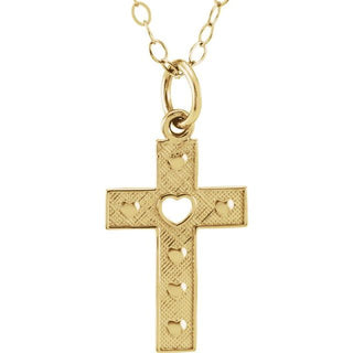 14K Yellow Pierced Heart Cross 15" Necklace 