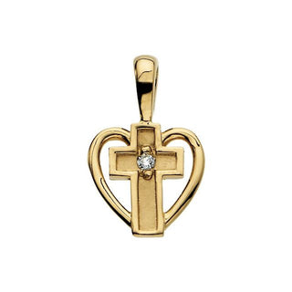 14K Yellow .01 CT Natural Diamond Cross & Heart Pendant