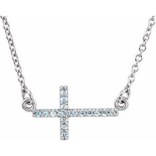 14K White Natural Aquamarine Sideways Cross 16-18" Necklace