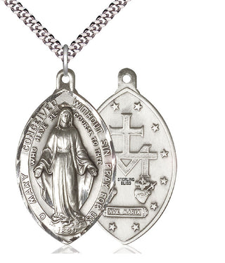 Sterling Silver Immaculate Conception Pendant on an 24-inch Light Rhodium Heavy Curb Chain