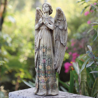 24-Inch Praying Angel Garden Statue - Rose Design On Gown