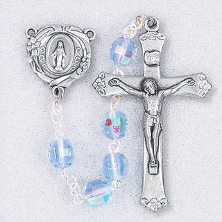 Sapphire Crystal 7MM Aurora Borealis Rosary with Deluxe Center and Crucifix