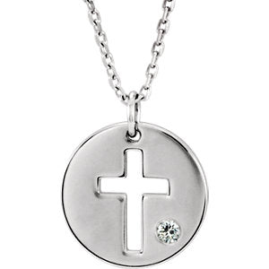 Sterling Silver .03 CTW Diamond Pierced Cross Disc 16-18" Necklace