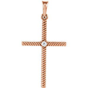 14K Rose .03 CTW Diamond 31.95x16.3 MM Rope Design Cross Pendant