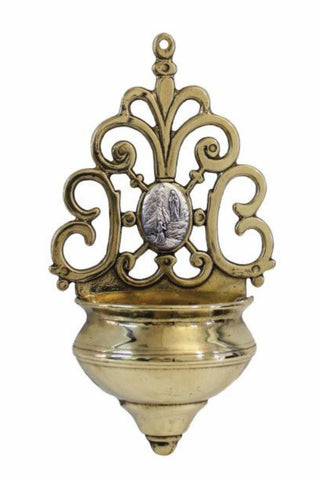Holy Water Font with Pewter Style Our Lady of Lourdes Medal 7.75"