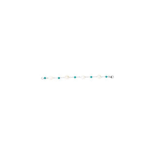 Sterling Silver Cultured White Freshwater Pearl & Natural Turquoise Station 7 1/2" Bracelet