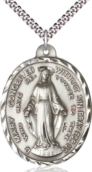 Sterling Silver Immaculate Conception Pendant on an 24-inch Light Rhodium Heavy Curb Chain