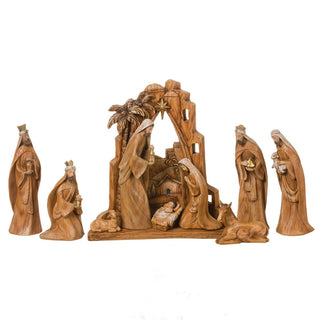 12-Inch 10-Piece Set Carved Nativity With Back Drop - Faux Wood Grain
