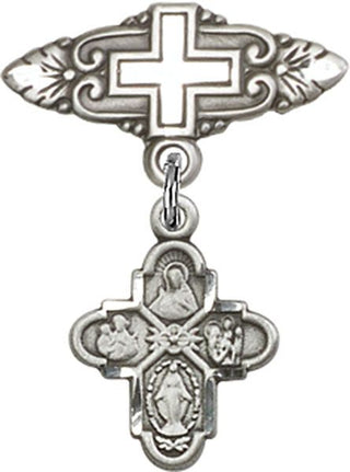Sterling Silver Badge Pin With Cross 4-Way Baby Badge