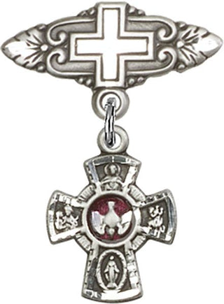 Sterling Silver Badge Pin With Cross 5-Way Baby Badge
