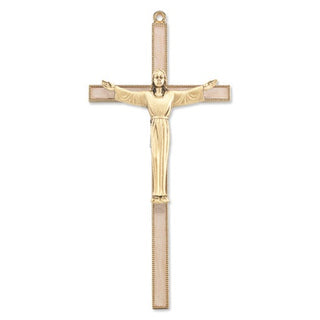 7" White Inlayed Gold Cross With Gold Christ Risen Corpus