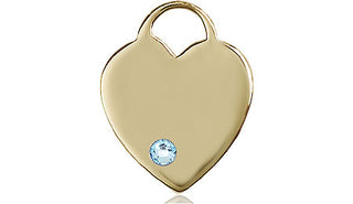14kt Gold Heart Medal with a 3mm Aqua Swarovski stone Engraved Catholic Saint Jewelry