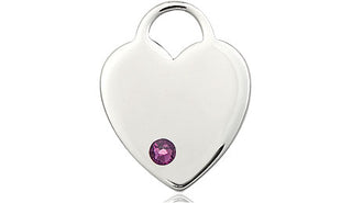 Sterling Silver Heart Pendant with a 3mm Amethyst Swarovski stone on an 18-inch Sterling Silver Light Curb Chain Engraved Catholic Saint Jewelry