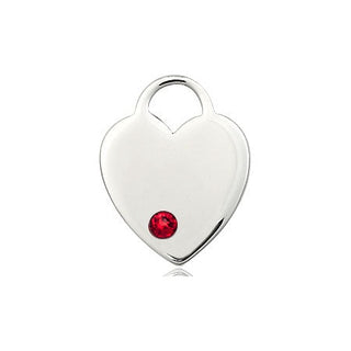Sterling Silver Heart Pendant with a 3mm Ruby Swarovski stone on an 18-inch Sterling Silver Light Curb Chain Engraved Catholic Saint Jewelry