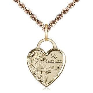 14kt Gold Guardian Angel Heart Medal Engraved Catholic Saint Jewelry