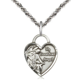 Sterling Silver Guardian Angel Heart Medal Religious Jewelry Engraved Catholic Saint Jewelry