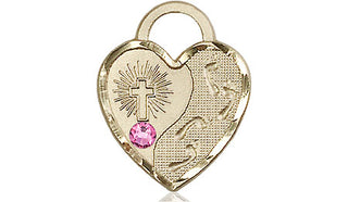 14kt Gold Filled Footprints Heart Pendant with a 3mm Rose Swarovski stone on an 18-inch Gold Filled Light Curb Chain Engraved Catholic Saint Jewelry