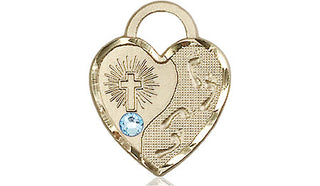 14kt Gold Filled Footprints Heart Pendant with a 3mm Aqua Swarovski stone on an 18-inch Gold Filled Light Curb Chain Engraved Catholic Saint Jewelry