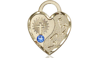 14kt Gold Filled Footprints Heart Pendant with a 3mm Sapphire Swarovski stone on an 18-inch Gold Filled Light Curb Chain Engraved Catholic Saint Jewelry