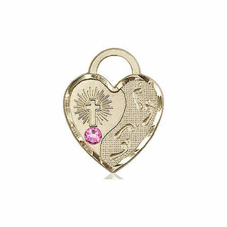 14kt Gold Footprints Heart Medal with a 3mm Rose Swarovski stone Engraved Catholic Saint Jewelry