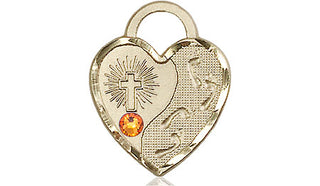 14kt Gold Footprints Heart Medal with a 3mm Topaz Swarovski stone Engraved Catholic Saint Jewelry