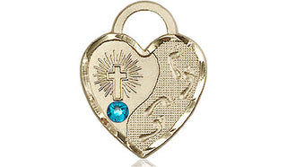 14kt Gold Footprints Heart Medal with a 3mm Zircon Swarovski stone Engraved Catholic Saint Jewelry