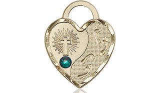 14kt Gold Footprints Heart Medal with a 3mm Emerald Swarovski stone Engraved Catholic Saint Jewelry