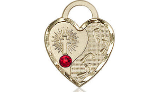 14kt Gold Footprints Heart Medal with a 3mm Ruby Swarovski stone Engraved Catholic Saint Jewelry