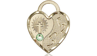 14kt Gold Footprints Heart Medal with a 3mm Peridot Swarovski stone Engraved Catholic Saint Jewelry