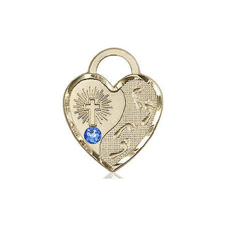 14kt Gold Footprints Heart Medal with a 3mm Sapphire Swarovski stone Engraved Catholic Saint Jewelry