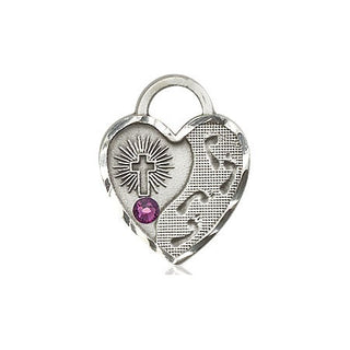 Sterling Silver Footprints Heart Pendant with a 3mm Amethyst Swarovski stone on an 18-inch Sterling Silver Light Curb Chain Engraved Catholic Saint Jewelry