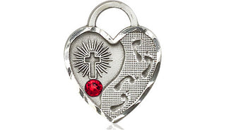 Sterling Silver Footprints Heart Pendant with a 3mm Ruby Swarovski stone on an 18-inch Sterling Silver Light Curb Chain Engraved Catholic Saint Jewelry