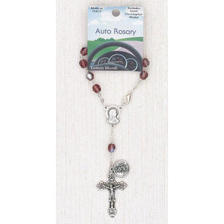 4-Pack - 6mm Glass Amethyst Auto Rosary with Premium Centerpiece and Crucifix with St Christopher Pendant