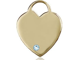 14kt Gold Filled Heart Pendant with a 3mm Aqua Swarovski stone on an 18-inch Gold Filled Light Curb Chain Engraved Catholic Saint Jewelry