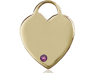 14kt Gold Heart Medal with a 3mm Amethyst Swarovski stone Engraved Catholic Saint Jewelry