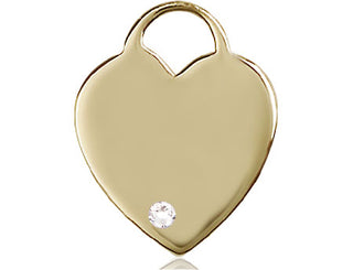 14kt Gold Heart Medal with a 3mm Crystal Swarovski stone Engraved Catholic Saint Jewelry