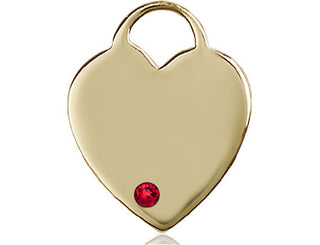 14kt Gold Heart Medal with a 3mm Ruby Swarovski stone Engraved Catholic Saint Jewelry