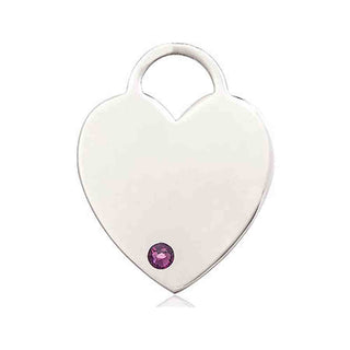 Sterling Silver Heart Pendant with a 3mm Amethyst Swarovski stone on an 18-inch Sterling Silver Light Curb Chain Engraved Catholic Saint Jewelry
