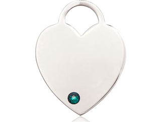 Sterling Silver Heart Pendant with a 3mm Emerald Swarovski stone on an 18-inch Sterling Silver Light Curb Chain Engraved Catholic Saint Jewelry
