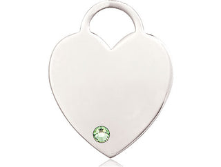 Sterling Silver Heart Pendant with a 3mm Peridot Swarovski stone on an 18-inch Sterling Silver Light Curb Chain Engraved Catholic Saint Jewelry