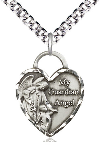 Sterling Silver Guardian Angel Heart Medal Catholic Jewelry Engraved Catholic Saint Jewelry