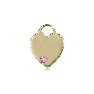 14kt Gold Filled Heart Pendant with a 3mm Rose Swarovski stone on an 18-inch Gold Filled Light Curb Chain Engraved Catholic Saint Jewelry