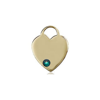 14kt Gold Filled Heart Pendant with a 3mm Emerald Swarovski stone on an 18-inch Gold Filled Light Curb Chain Engraved Catholic Saint Jewelry