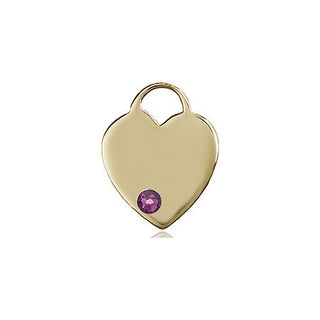 14kt Gold Heart Medal with a 3mm Amethyst Swarovski stone Engraved Catholic Saint Jewelry