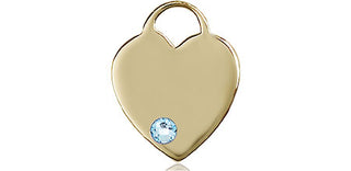 14kt Gold Heart Medal with a 3mm Aqua Swarovski stone Engraved Catholic Saint Jewelry
