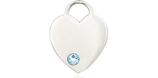 Sterling Silver Heart Pendant with a 3mm Aqua Swarovski stone on an 18-inch Sterling Silver Light Curb Chain Engraved Catholic Saint Jewelry