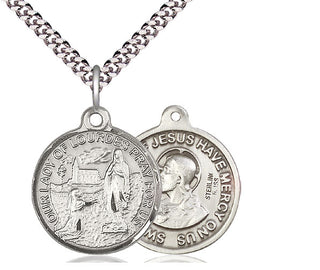 Sterling Silver Our Lady of Lourdes Pendant on an 24-inch Light Rhodium Heavy Curb Chain