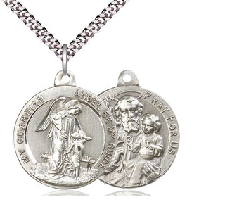 Sterling Silver Guardian Angel Pendant on an 24-inch Light Rhodium Heavy Curb Chain