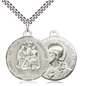 Sterling Silver Holy Family Pendant on an 24-inch Light Rhodium Heavy Curb Chain