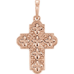 14K Rose Ornate Floral-Inspired Cross Pendant